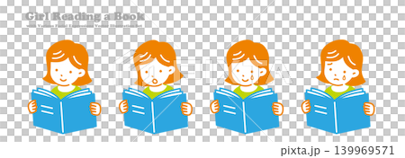 本を読む女の子の感情表現イラストセット 喜ぶ 泣く 考える 表情バリエーション 本を読む女の子の感情表現イラストセット 喜ぶ 泣く 考える 表情バリエーション 139969571