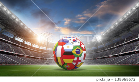 Soccer Ball Covered with International Flags in the stadium Soccer Ball Covered with International Flags in the stadium 139969672