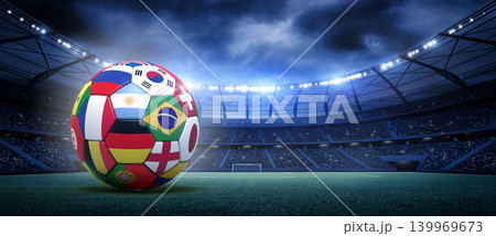 Soccer Ball Covered with International Flags in the stadium Soccer Ball Covered with International Flags in the stadium 139969673