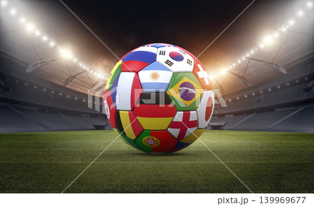Soccer Ball Covered with International Flags in the stadium Soccer Ball Covered with International Flags in the stadium 139969677