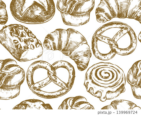Seamless pattern with baked. Vector illustration in vintage sketch style. 139969724