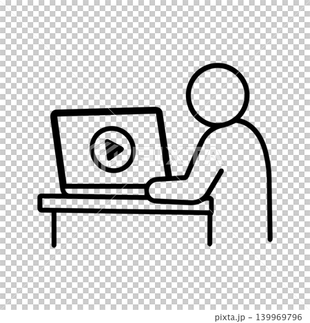 Pictogram of a person watching a video on a laptop; video streaming and online viewing icon. Pictogram of a person watching a video on a laptop; video streaming and online viewing icon. 139969796