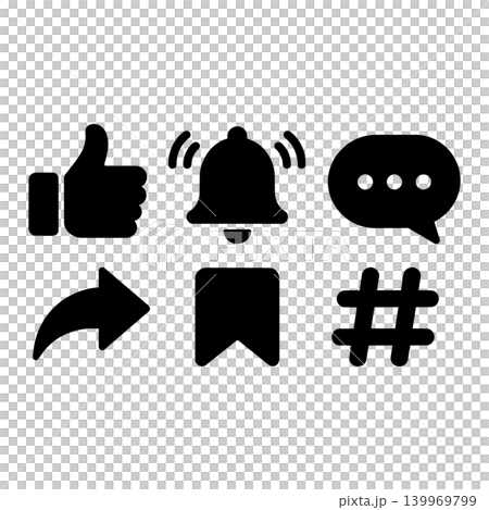 Simple icon set for social media: Like, Notification, Comment, Share icons. Simple icon set for social media: Like, Notification, Comment, Share icons. 139969799