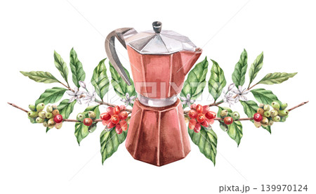 A geyser coffee maker and branches of ripening coffee. Isolated watercolor illustration highlights the naturalness of the drink. Perfect for cafes, restaurants, packaging, magazines, coffee websites. A geyser coffee maker and branches of ripening coffee. Isolated watercolor illustration highlights the naturalness of the drink. Perfect for cafes, restaurants, packaging, magazines, coffee websites. 139970124