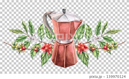 A geyser coffee maker and branches of ripening coffee. Isolated watercolor illustration highlights the naturalness of the drink. Perfect for cafes, restaurants, packaging, magazines, coffee websites. A geyser coffee maker and branches of ripening coffee. Isolated watercolor illustration highlights the naturalness of the drink. Perfect for cafes, restaurants, packaging, magazines, coffee websites. 139970124