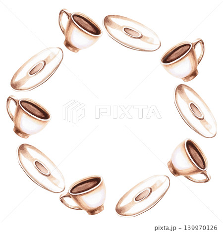 Round frame with coffee cups and saucers. Isolated watercolor illustration. Perfect for branding, advertising, cafe menus, culinary websites, and interior design. Round frame with coffee cups and saucers. Isolated watercolor illustration. Perfect for branding, advertising, cafe menus, culinary websites, and interior design. 139970126