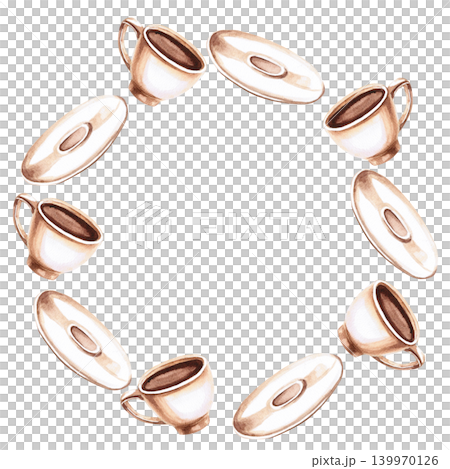 Round frame with coffee cups and saucers. Isolated watercolor illustration. Perfect for branding, advertising, cafe menus, culinary websites, and interior design. Round frame with coffee cups and saucers. Isolated watercolor illustration. Perfect for branding, advertising, cafe menus, culinary websites, and interior design. 139970126