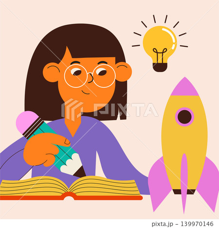 Girl developing creative ideas with rocket and light bulb. Kids science education concept Girl developing creative ideas with rocket and light bulb. Kids science education concept 139970146