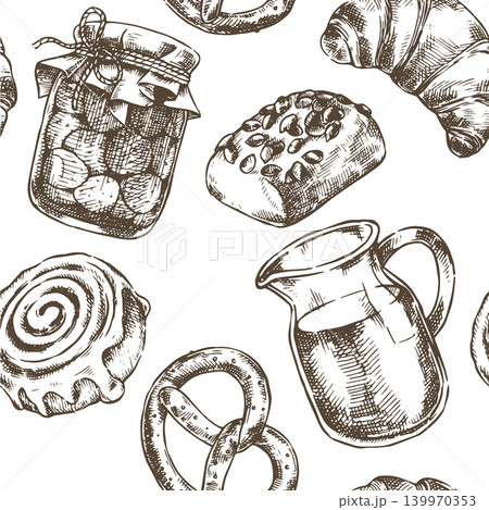 Seamless pattern with homemade jam and pastries. Vector illustration in a vintage sketch style. Seamless pattern with homemade jam and pastries. Vector illustration in a vintage sketch style. 139970353