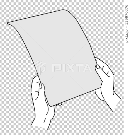 A monochrome illustration of a hand holding an A4 sheet of paper. 139970376