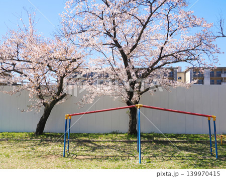 市街地の公園の遊具と桜の木の風景 市街地の公園の遊具と桜の木の風景 139970415