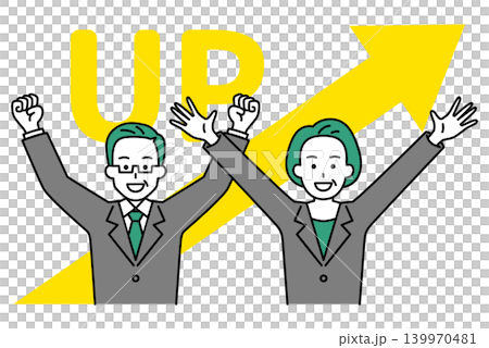 A middle-aged man and woman in suits, with an upward-pointing arrow and cheering arms raised. A middle-aged man and woman in suits, with an upward-pointing arrow and cheering arms raised. 139970481