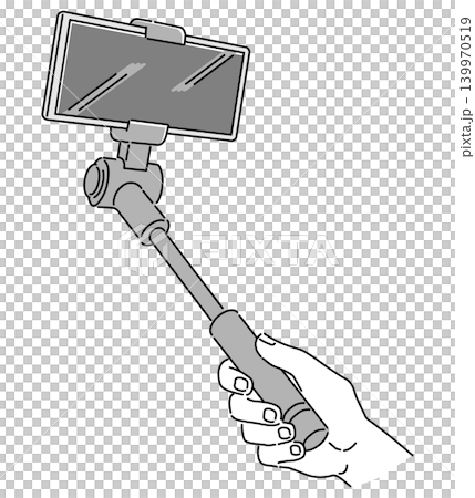 A monochrome illustration of a smartphone attached to the end of a selfie stick and held in the hand. 139970519