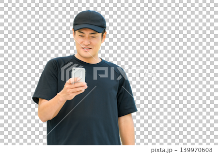 Health management with smartphone during exercise, middle-aged Asian man checking his health Health management with smartphone during exercise, middle-aged Asian man checking his health 139970608