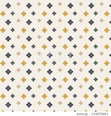 Traditional Thai Floral Seamless Pattern with Golden and Navy Ornaments Traditional Thai Floral Seamless Pattern with Golden and Navy Ornaments 139970861