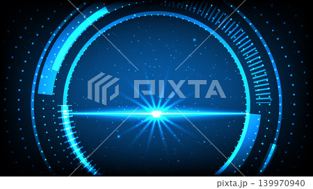 Abstract digital tech background featuring a glowing neon circular interface, stardust central lens Abstract digital tech background featuring a glowing neon circular interface, stardust central lens 139970940