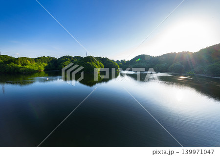 初夏の布目ダム なみなみと水を湛えた湖面に映る青空と光の道㊼ 初夏の布目ダム なみなみと水を湛えた湖面に映る青空と光の道㊼ 139971047