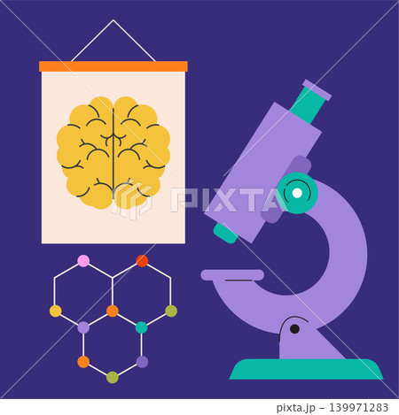 Microscope, brain diagram and chemical molecule structure. Kids science education concept Microscope, brain diagram and chemical molecule structure. Kids science education concept 139971283