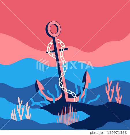 Anchor under ocean water. Anchor on the seabed with seaweed. Flat  illustration. 139971328