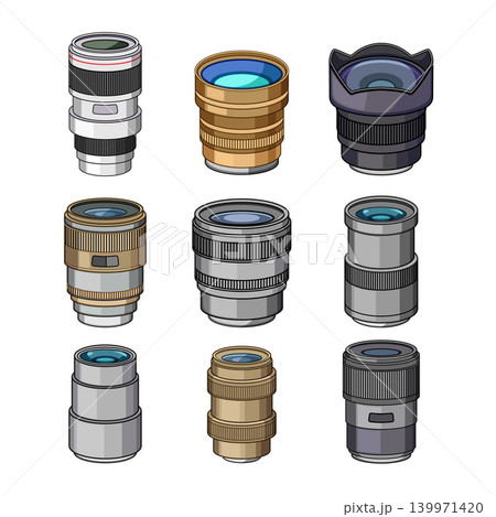 Camera lenses collection illustrating photographic equipment technology Camera lenses collection illustrating photographic equipment technology 139971420