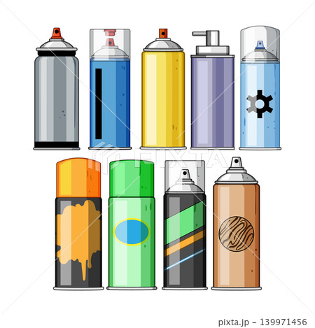 Assortment of colorful aerosol spray cans, paint tools Assortment of colorful aerosol spray cans, paint tools 139971456