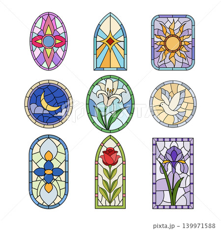 Stained glass window designs with religious and nature symbols Stained glass window designs with religious and nature symbols 139971588