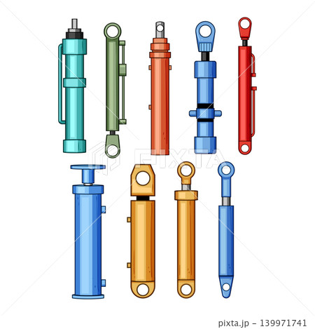 Hydraulic cylinders set illustrating power engineering equipment Hydraulic cylinders set illustrating power engineering equipment 139971741