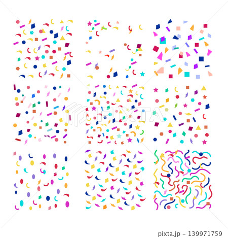Colorful geometric confetti patterns decorating white background Colorful geometric confetti patterns decorating white background 139971759