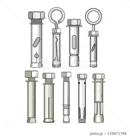 Hardware collection illustrating various expansion bolts and anchors Hardware collection illustrating various expansion bolts and anchors 139971766