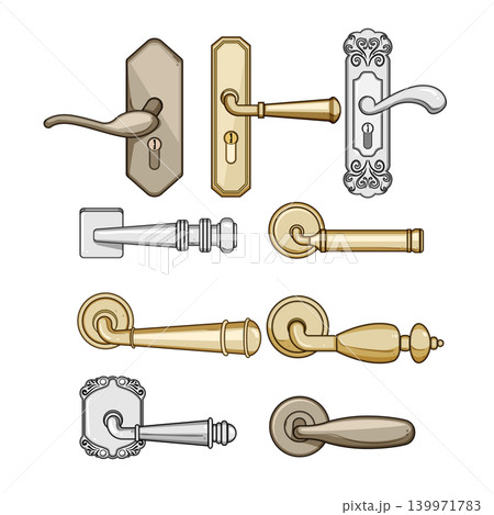 Door handles and levers collection with various designs set Door handles and levers collection with various designs set 139971783