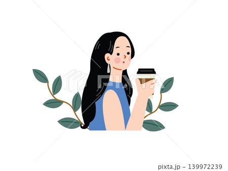 コーヒーを飲むお洒落な女性のイラスト コーヒーを飲むお洒落な女性のイラスト 139972239