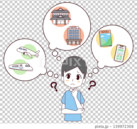 一幅描繪男子為旅行計劃而苦惱的插圖。 一幅描繪男子為旅行計劃而苦惱的插圖。 139972308