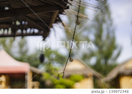 Palm Leaf Sunshade Roof On Bamboo House, A rustic photo of palm leaf sunshade roof, layered dried fronds woven over bamboo frame, perfect for eco living or traditional village documentary. Palm Leaf Sunshade Roof On Bamboo House, A rustic photo of palm leaf sunshade roof, layered dried fronds woven over bamboo frame, perfect for eco living or traditional village documentary. 139972348