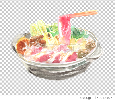 一幅水彩插畫,描繪了用筷子夾起鴨肉和鴨肉火鍋的場景。 一幅水彩插畫,描繪了用筷子夾起鴨肉和鴨肉火鍋的場景。 139972407