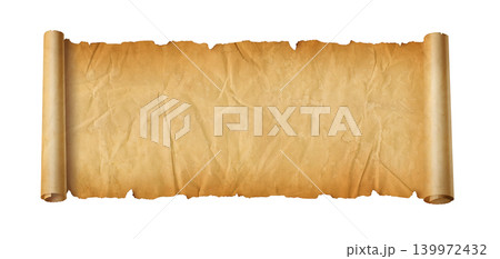 Old crumpled mediaeval Parchment paper scroll isolated on white 139972432