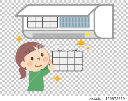エアコンのフィルター清掃でスッキリした主婦のイラスト エアコンのフィルター清掃でスッキリした主婦のイラスト 139972659