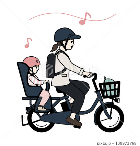 電動自転車で子供を保育園に送り届ける母親のイラスト 139972769