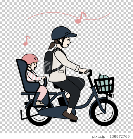 電動自転車で子供を保育園に送り届ける母親のイラスト 139972769