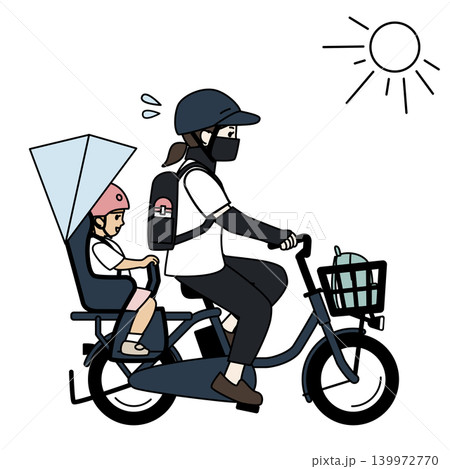 夏の暑い日に子供を自転車に乗せて保育園へ送る母親のイラスト 夏の暑い日に子供を自転車に乗せて保育園へ送る母親のイラスト 139972770