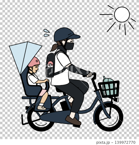 夏の暑い日に子供を自転車に乗せて保育園へ送る母親のイラスト 夏の暑い日に子供を自転車に乗せて保育園へ送る母親のイラスト 139972770