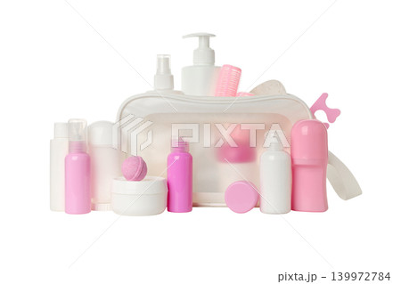 Cosmetic bag holds multiple containers for skin care, isolated, PNG 139972784