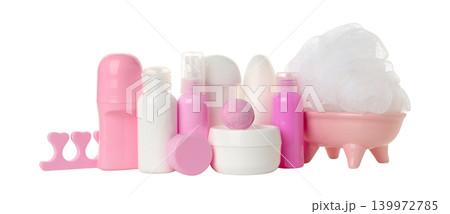 Pink cosmetic and toiletry items grouped, isolated, PNG Pink cosmetic and toiletry items grouped, isolated, PNG 139972785