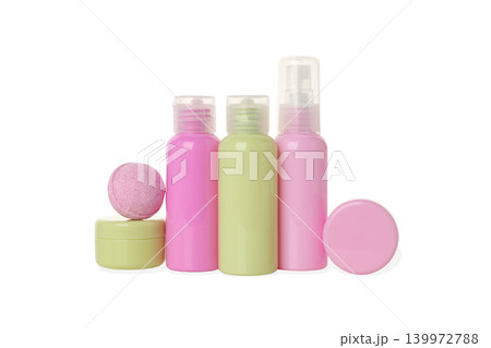 Cosmetic and personal care containers on display, isolated, PNG Cosmetic and personal care containers on display, isolated, PNG 139972788