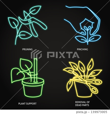 Plant pruning and pinching neon icon set Plant pruning and pinching neon icon set 139973005