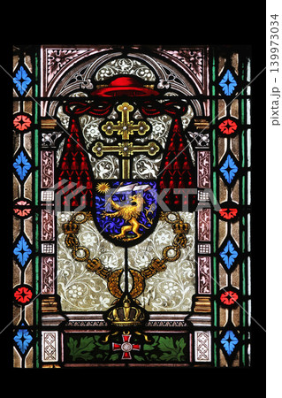 Coat of arms of Cardinal Joseph Mihalovic, stained glass in Zagreb cathedral Coat of arms of Cardinal Joseph Mihalovic, stained glass in Zagreb cathedral 139973034
