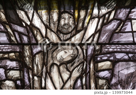 God, the Creator of all life, detail of stained glass window by Sieger Koder in church of Saint John in Piflas, Germany 139973044