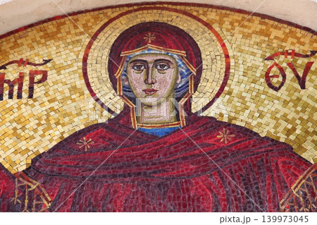Virgin Mary, mosaic icon in Orthodox church in Budva, Montenegro Virgin Mary, mosaic icon in Orthodox church in Budva, Montenegro 139973045