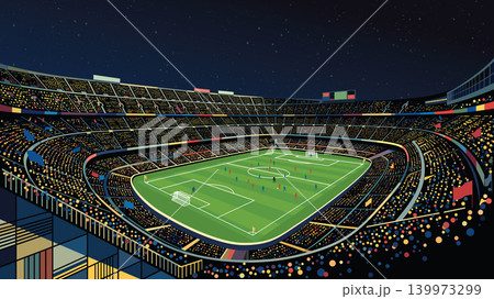 Colorful soccer stadium with full of fans in match day at night wide angle have blank space. Colorful soccer stadium with full of fans in match day at night wide angle have blank space. 139973299