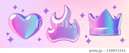 Holographic y2k heart flame crown and stars 3d stickers set on a pink and purple gradient background 139973341
