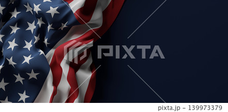 American flag with fabric texture isolated on dark blue background  with copy space for America 4th of july Happy Independence day banner 3D render 139973379